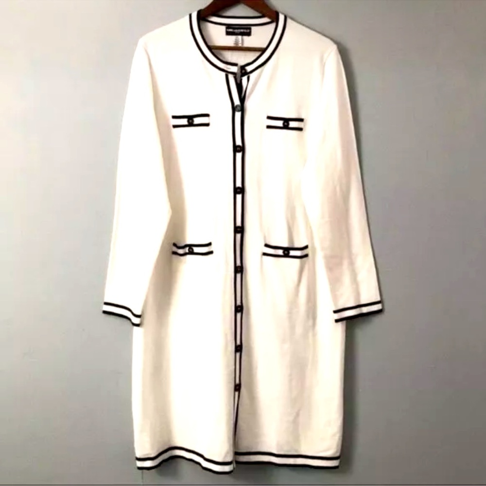 KARL LAGERFELD PARIS WHITE/BLACK LONG KNIT CARDIGAN SWEATER Size L - NWT